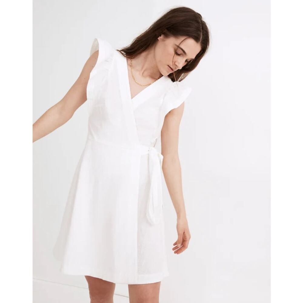 Madewell NWT Ruffle-Sleeve Wrap Mini Dress Sz XL White MSRP $108